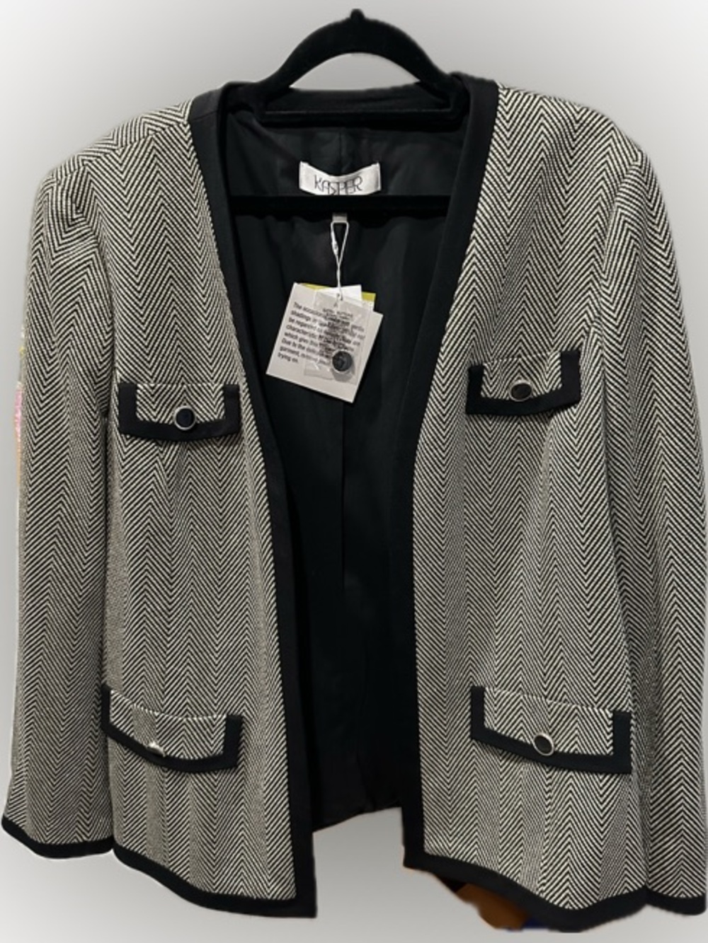 Kasper Black and Gold Herringbone Trimmed Open-Front Blazer Suit Jacket